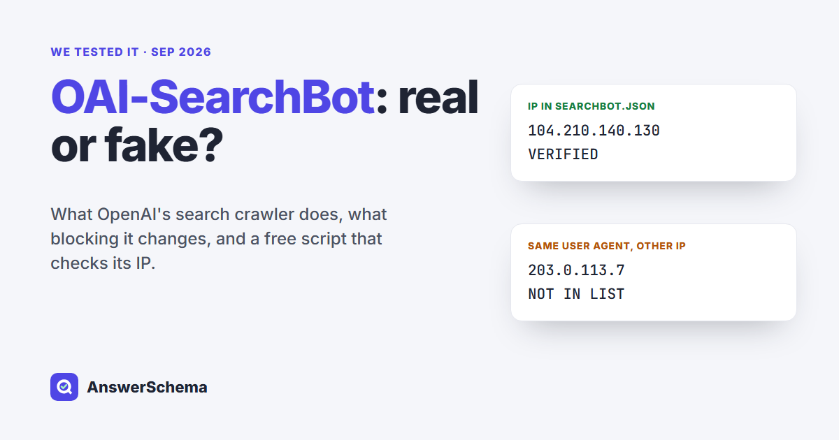 OAI-SearchBot check: an IP in searchbot.json is verified, the same user agent from another IP is not in the list